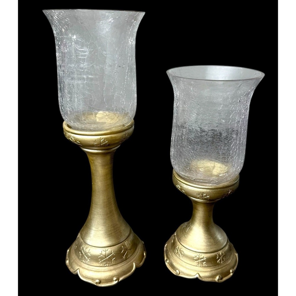 Pair Of 2 Vtg Candle‎ Holders With Design Glass Top Snowflake Art Gold Painted
